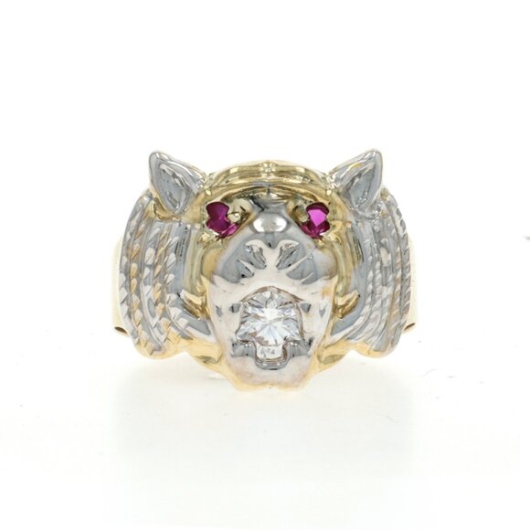 Yellow Gold Cubic Zirconia Lab-Created Ruby Jungle Cat Men's Ring -10k Rd .45ctw